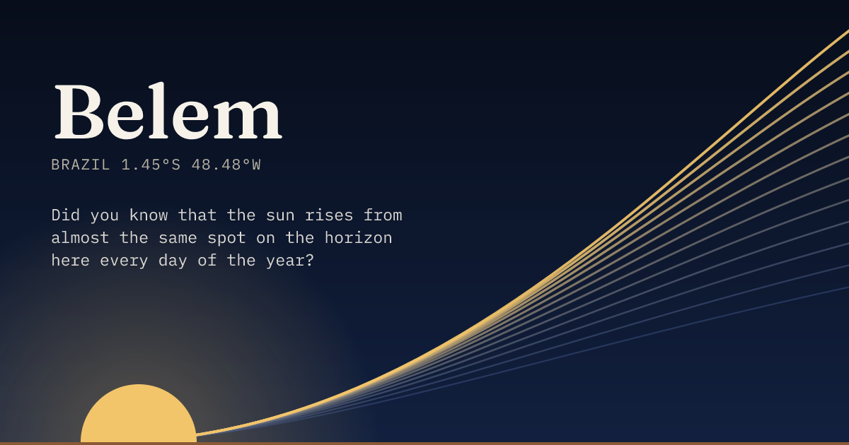Belem in large type over a sun rising on the horizon, with a fan of arcs climbing away to the right.