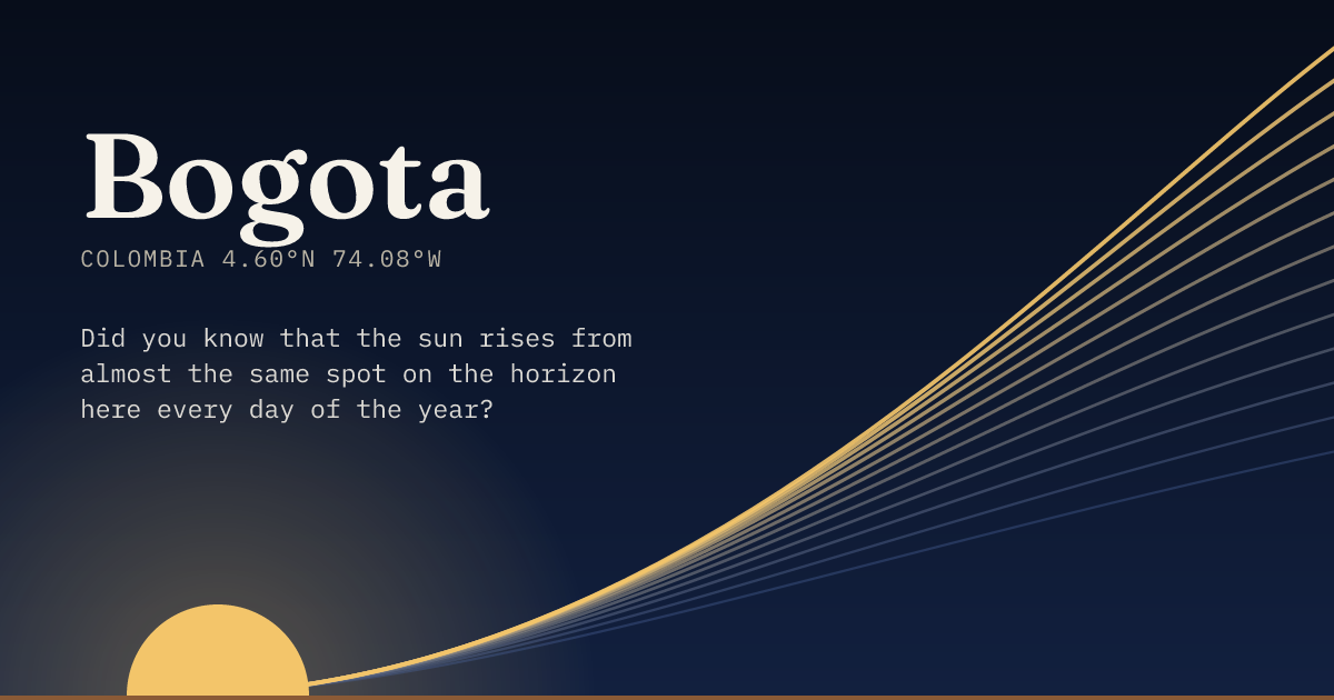 Bogota in large type over a sun rising on the horizon, with a fan of arcs climbing away to the right.