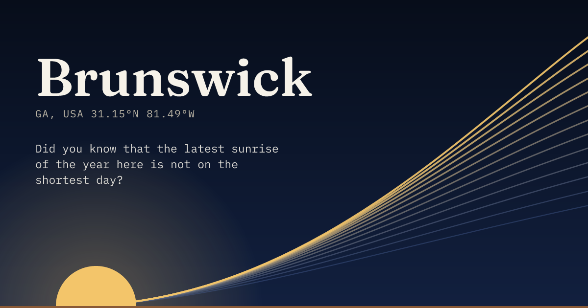 Brunswick in large type over a sun rising on the horizon, with a fan of arcs climbing away to the right.