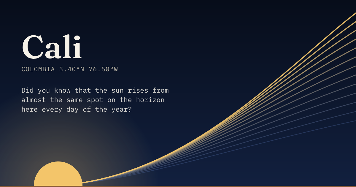 Cali in large type over a sun rising on the horizon, with a fan of arcs climbing away to the right.