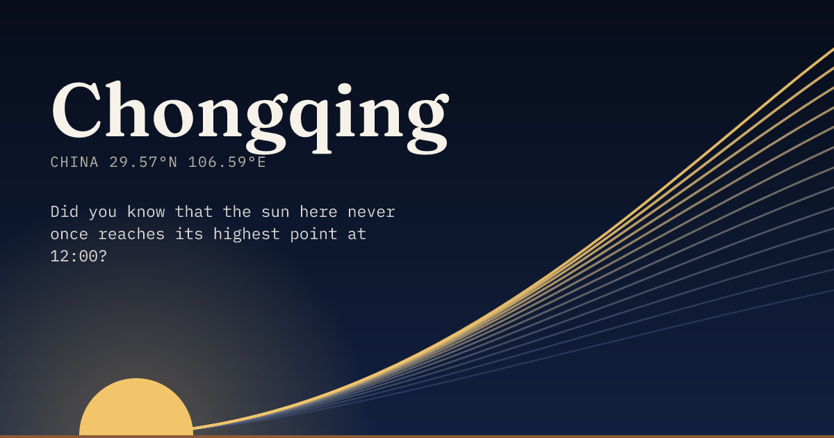 Chongqing in large type over a sun rising on the horizon, with a fan of arcs climbing away to the right.