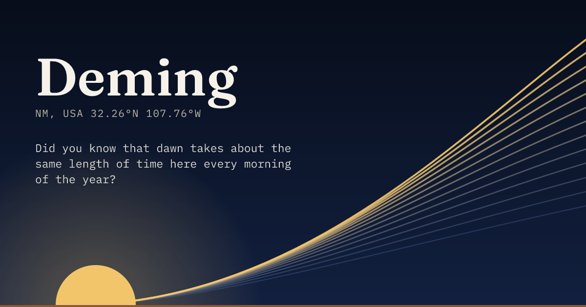 Deming in large type over a sun rising on the horizon, with a fan of arcs climbing away to the right.