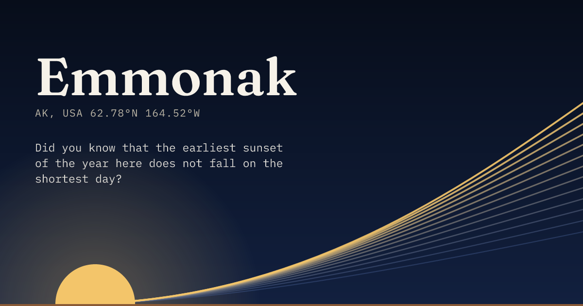 Emmonak in large type over a sun rising on the horizon, with a fan of arcs climbing away to the right.