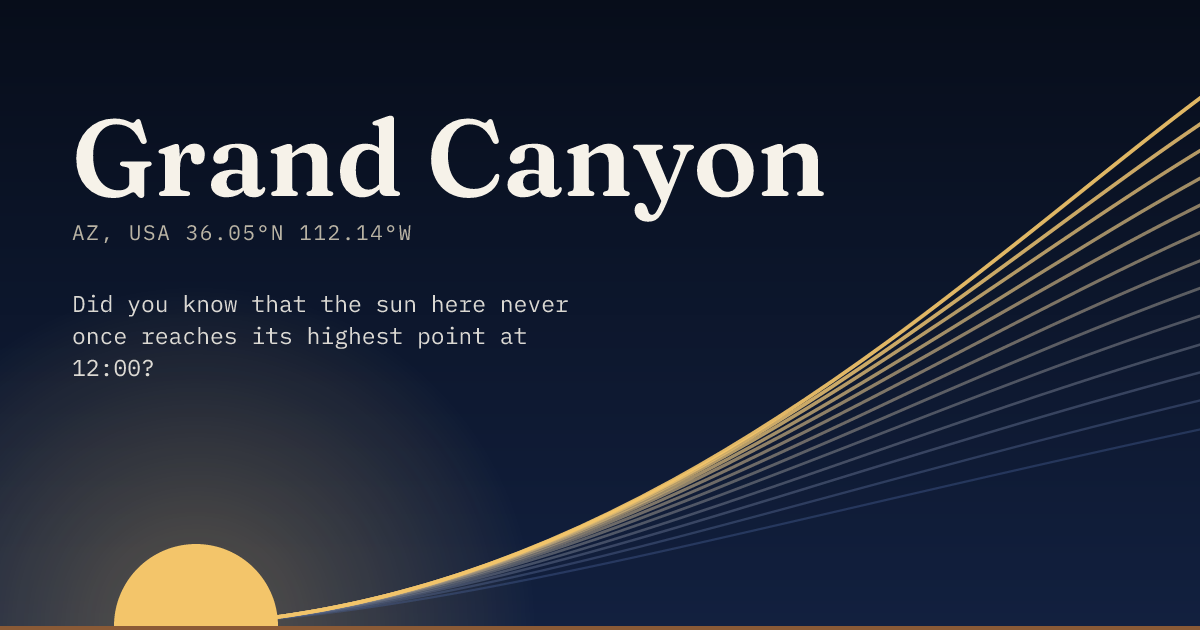 Grand Canyon in large type over a sun rising on the horizon, with a fan of arcs climbing away to the right.