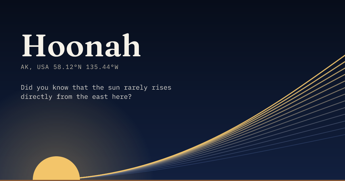 Hoonah in large type over a sun rising on the horizon, with a fan of arcs climbing away to the right.