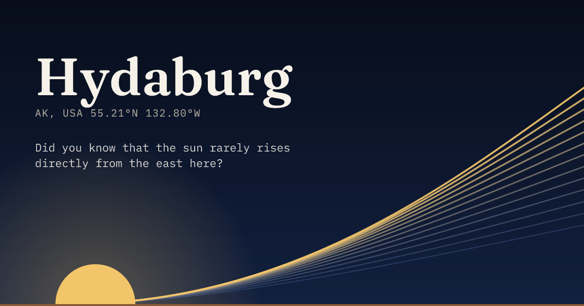 Hydaburg in large type over a sun rising on the horizon, with a fan of arcs climbing away to the right.