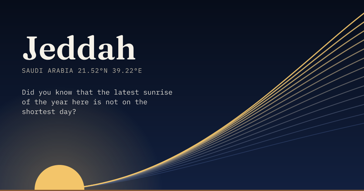 Jeddah in large type over a sun rising on the horizon, with a fan of arcs climbing away to the right.