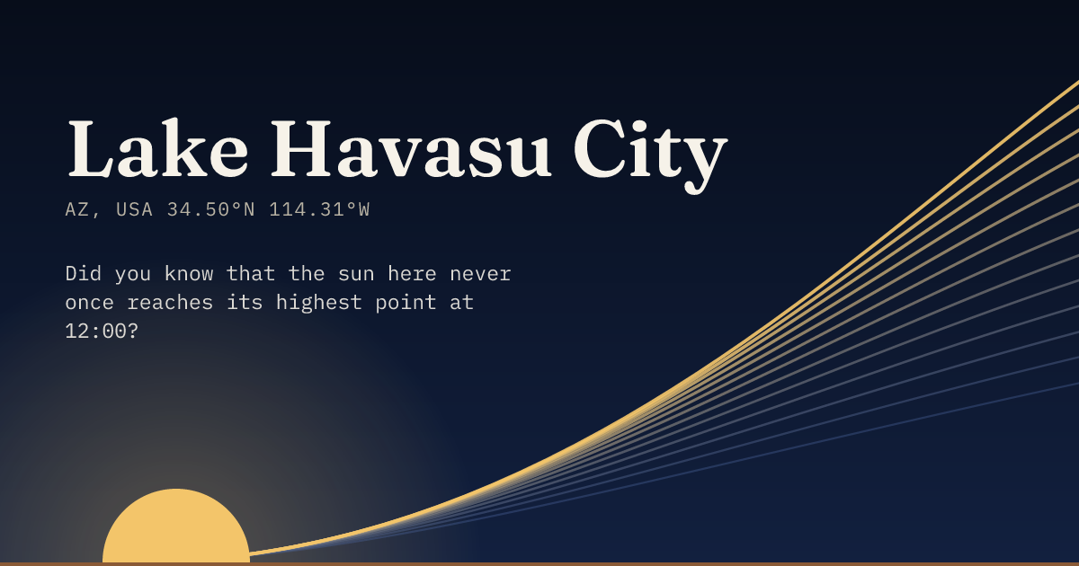 Lake Havasu City in large type over a sun rising on the horizon, with a fan of arcs climbing away to the right.