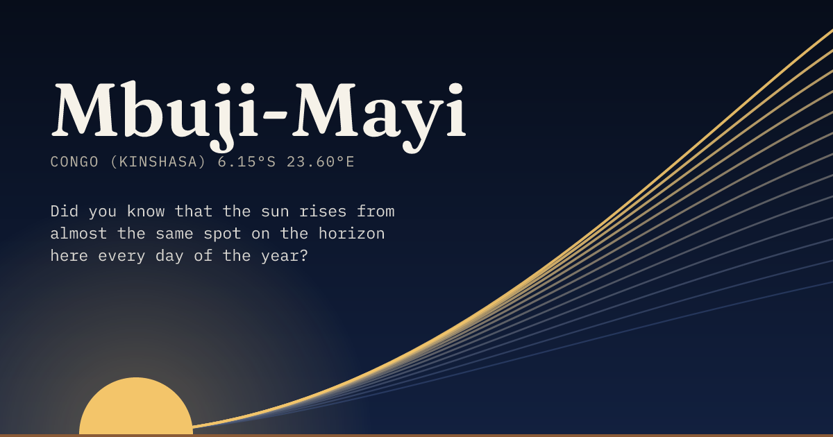 Mbuji-Mayi in large type over a sun rising on the horizon, with a fan of arcs climbing away to the right.