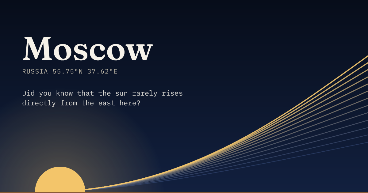 Moscow in large type over a sun rising on the horizon, with a fan of arcs climbing away to the right.