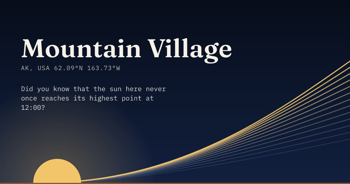 Mountain Village in large type over a sun rising on the horizon, with a fan of arcs climbing away to the right.