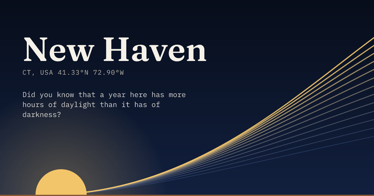 New Haven in large type over a sun rising on the horizon, with a fan of arcs climbing away to the right.