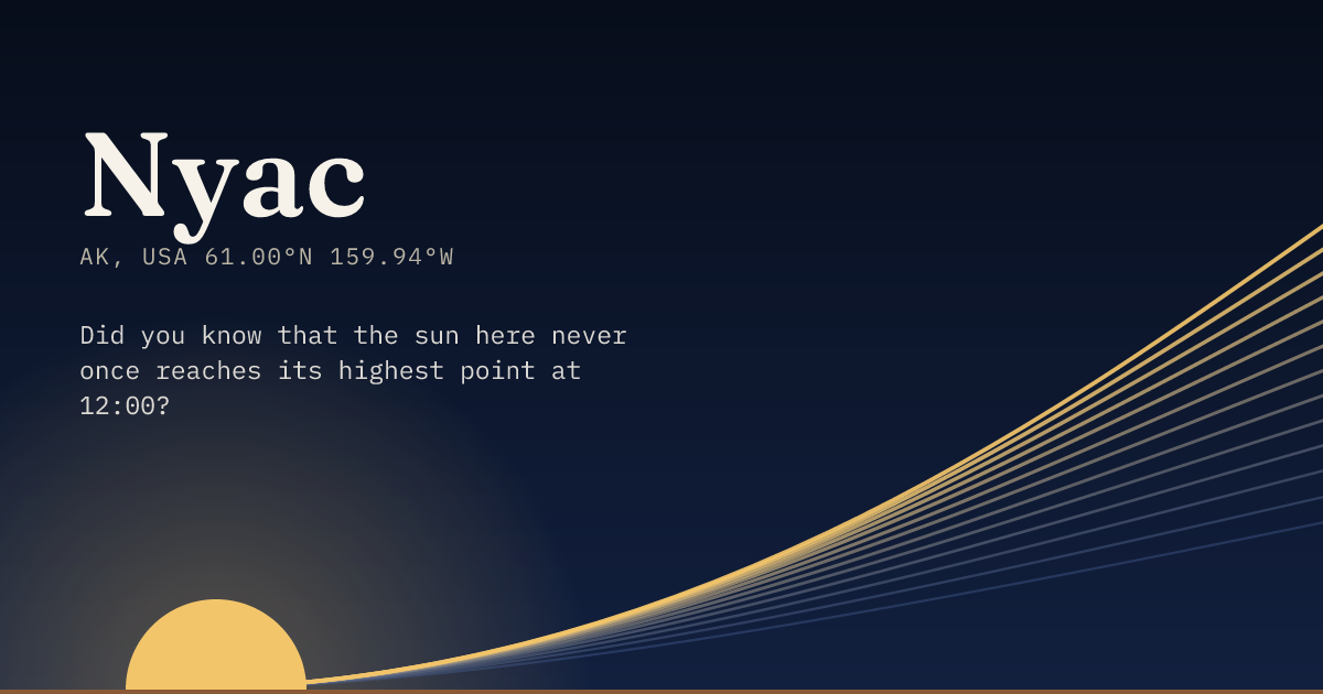 Nyac in large type over a sun rising on the horizon, with a fan of arcs climbing away to the right.