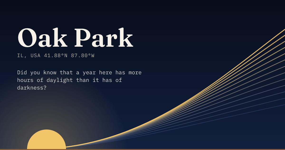 Oak Park in large type over a sun rising on the horizon, with a fan of arcs climbing away to the right.