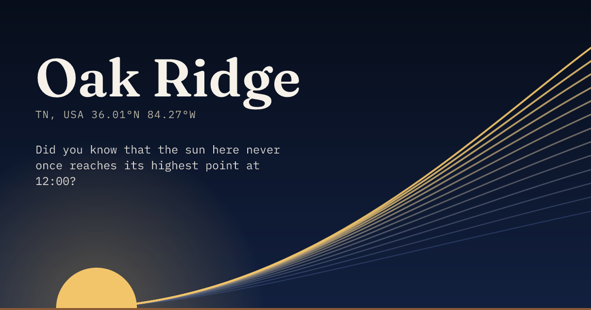 Oak Ridge in large type over a sun rising on the horizon, with a fan of arcs climbing away to the right.