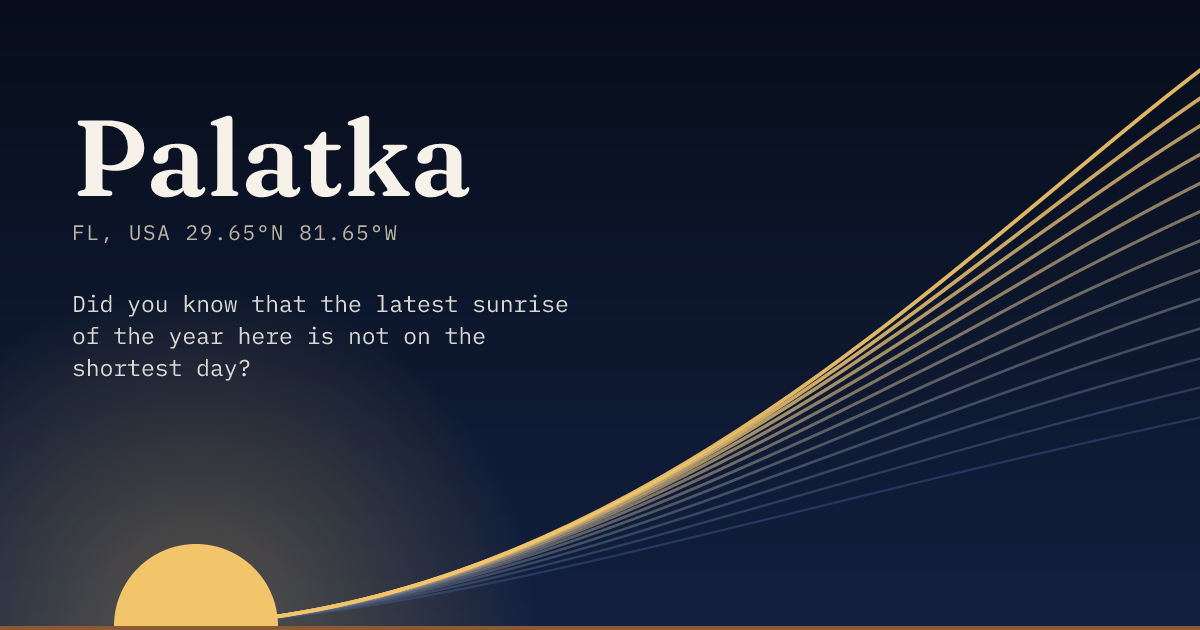 Palatka in large type over a sun rising on the horizon, with a fan of arcs climbing away to the right.