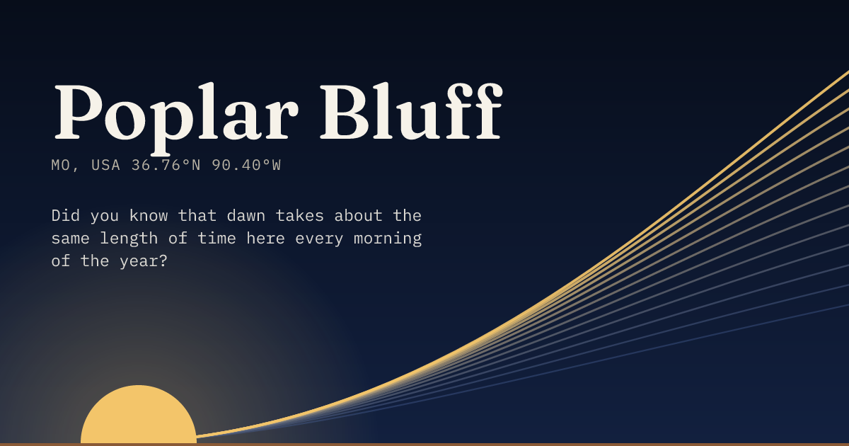Poplar Bluff in large type over a sun rising on the horizon, with a fan of arcs climbing away to the right.