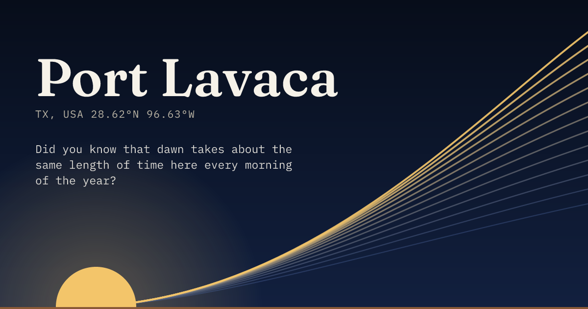 Port Lavaca in large type over a sun rising on the horizon, with a fan of arcs climbing away to the right.