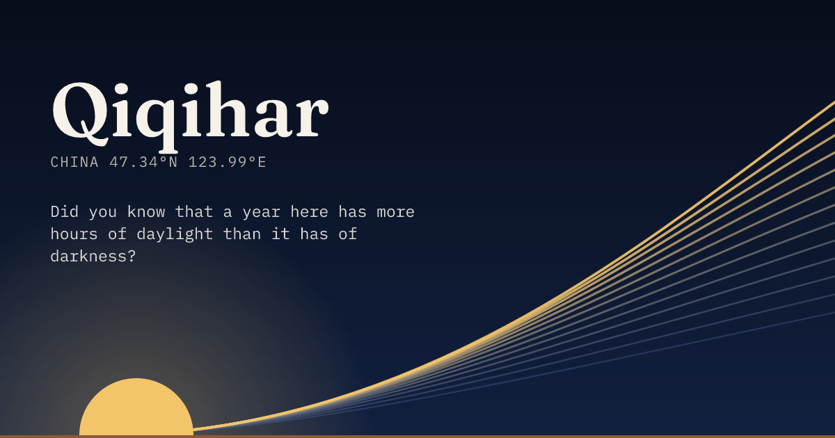 Qiqihar in large type over a sun rising on the horizon, with a fan of arcs climbing away to the right.
