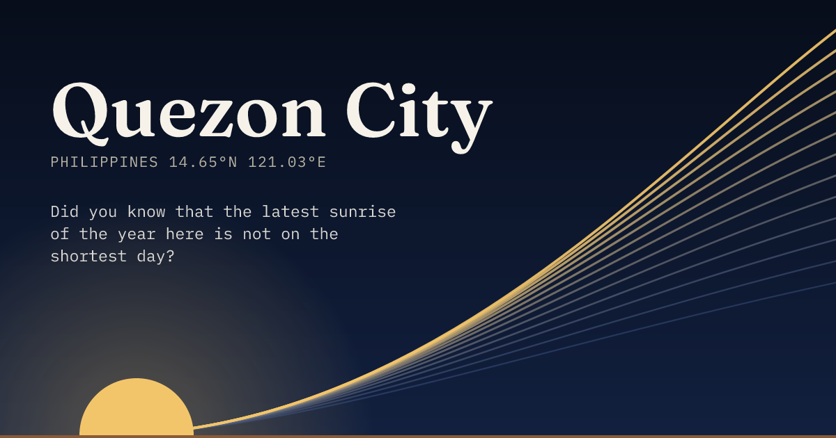 Quezon City in large type over a sun rising on the horizon, with a fan of arcs climbing away to the right.