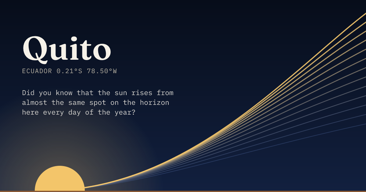 Quito in large type over a sun rising on the horizon, with a fan of arcs climbing away to the right.