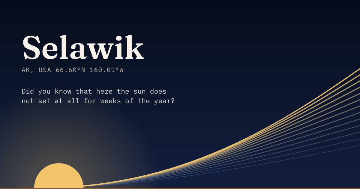 Selawik in large type over a sun rising on the horizon, with a fan of arcs climbing away to the right.