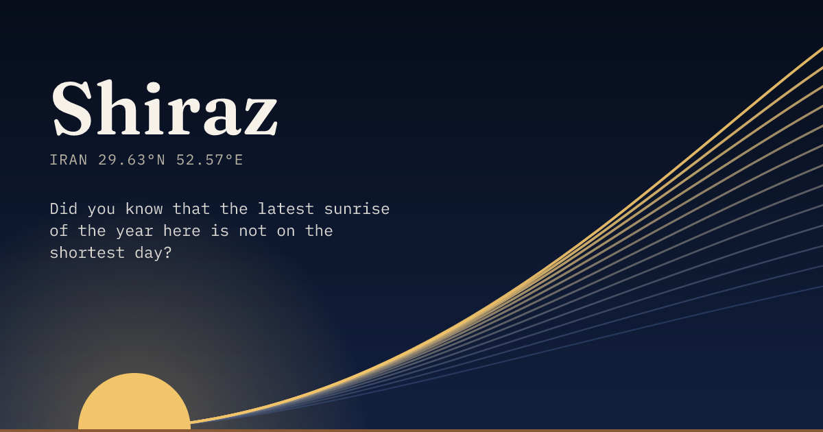 Shiraz in large type over a sun rising on the horizon, with a fan of arcs climbing away to the right.