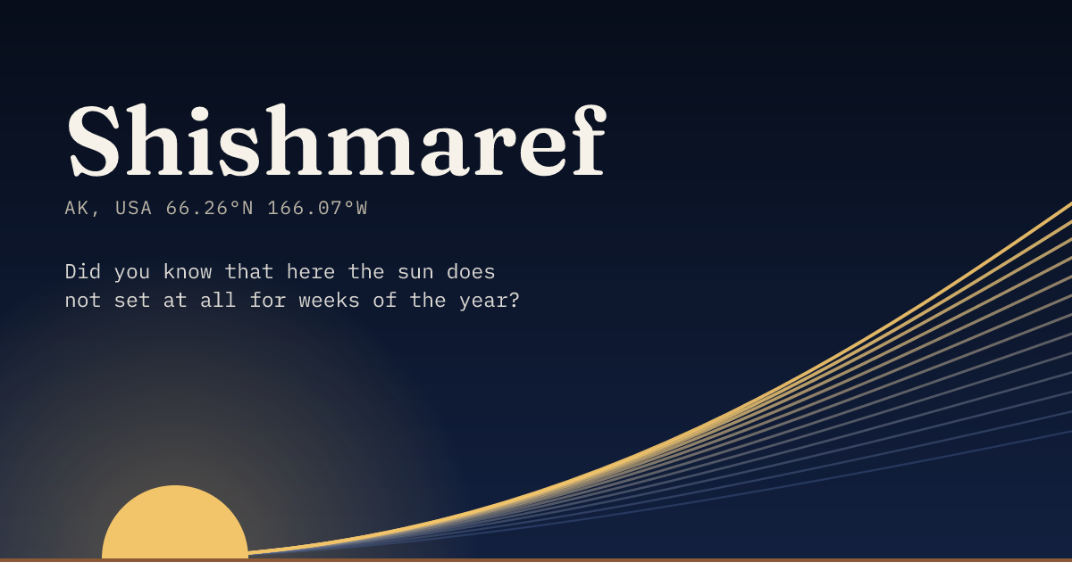 Shishmaref in large type over a sun rising on the horizon, with a fan of arcs climbing away to the right.