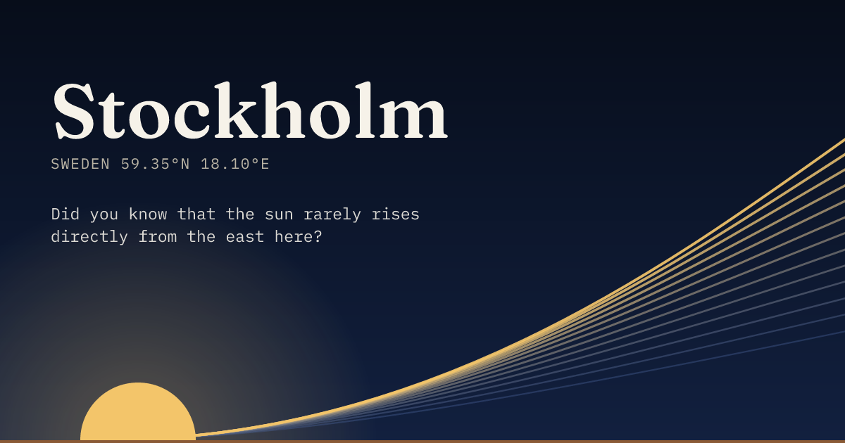 Stockholm in large type over a sun rising on the horizon, with a fan of arcs climbing away to the right.