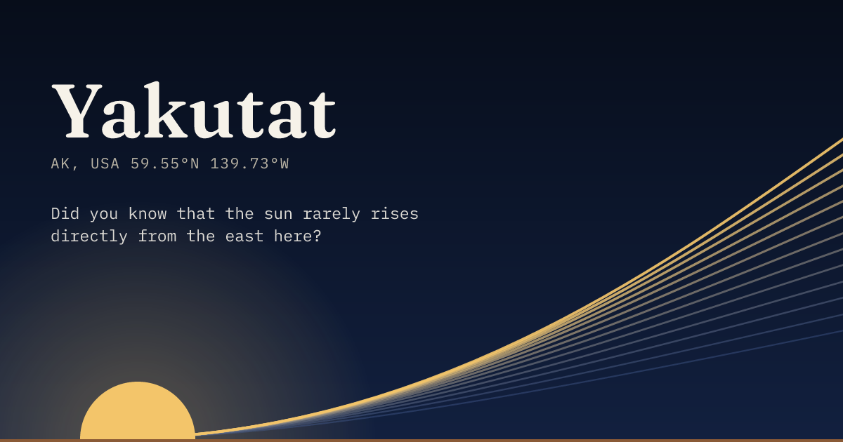 Yakutat in large type over a sun rising on the horizon, with a fan of arcs climbing away to the right.