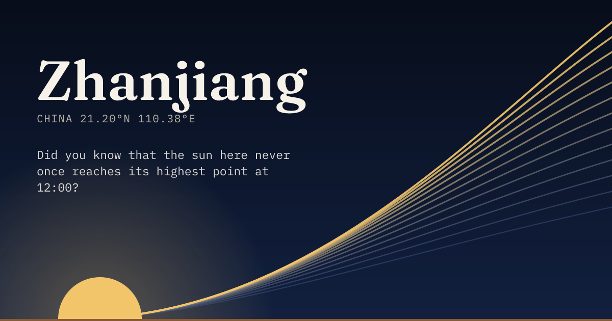Zhanjiang in large type over a sun rising on the horizon, with a fan of arcs climbing away to the right.